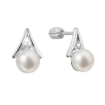 Stříbrné náušnice pecky trojúhelník se zirkony a říční perlou bílé 21083.1B