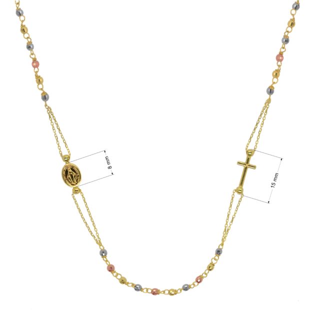 Zlatý 14 karátový náhrdelník růženec s křížem a medailonkem s Pannou Marií RŽ08 multi