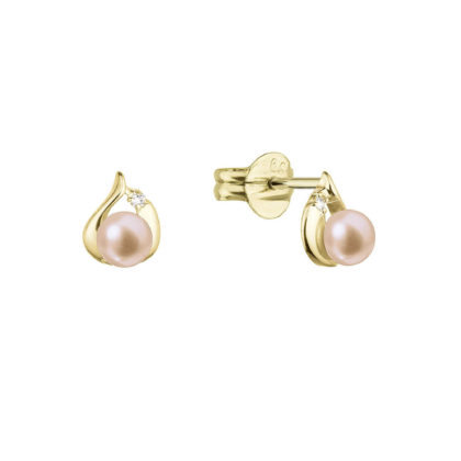 Zlaté 14 karátové náušnice slza s růžovou říční perlou a brilianty 91PB00052 pink