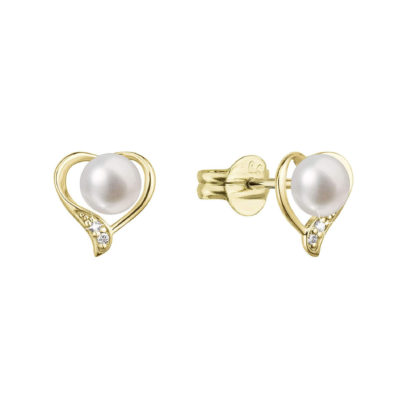 Zlaté 14 karátové náušnice srdce s říční perlou a brilianty 91PB00054