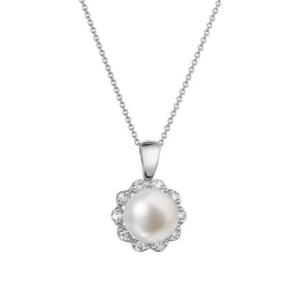 Zlatý 14 karátový náhrdelník kytička bílé zlato s bílou říční perlou a brilianty 82PB00036